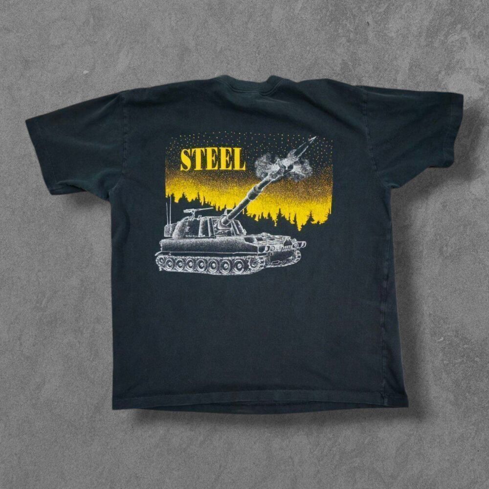 Vintage 80s 2-17 Field Artillery Steel Tank Military Shirt Large Distressed